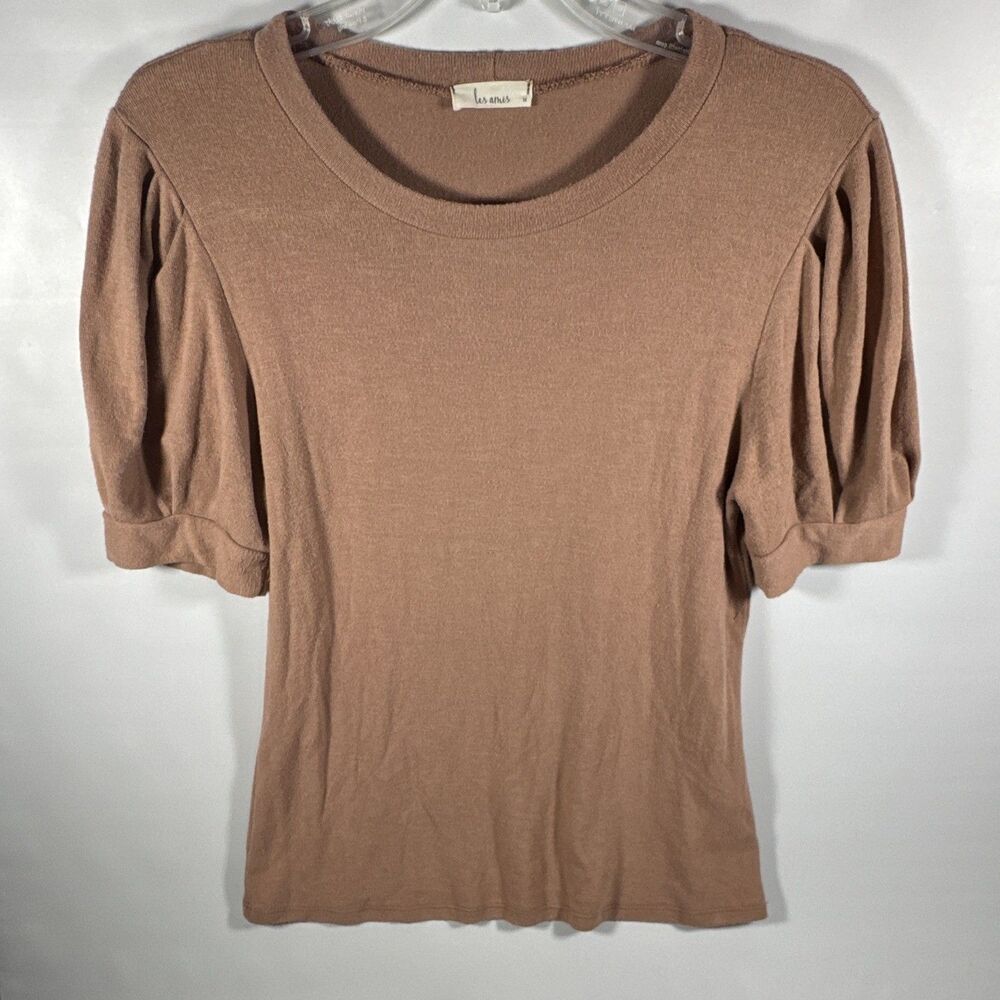 Les Amis Women's M Brown Solid Knit Scoop Neck Short Puff Sleeve Pullover Top